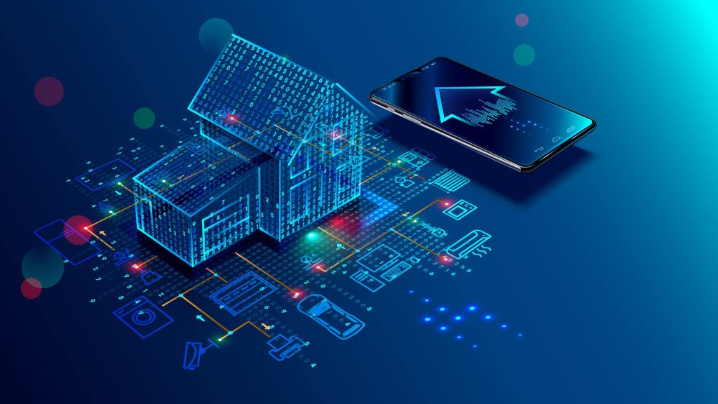 A graphic displaying a home with many different connected devices and networks, all controlled by the phone