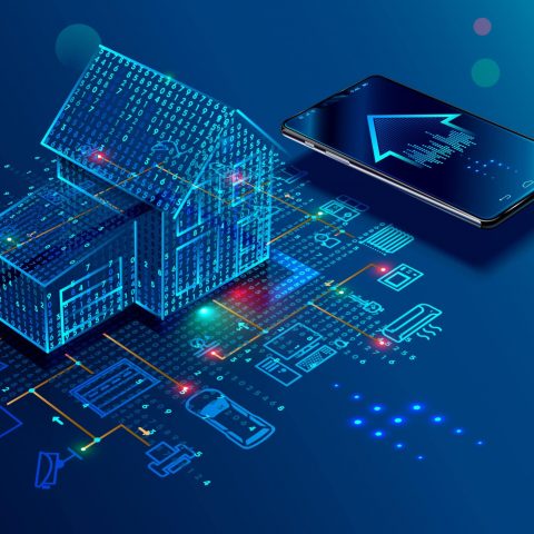 A graphic displaying a home with many different connected devices and networks, all controlled by the phone